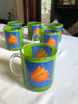 Set of 6 French Green Clear Glass Etched Mugs