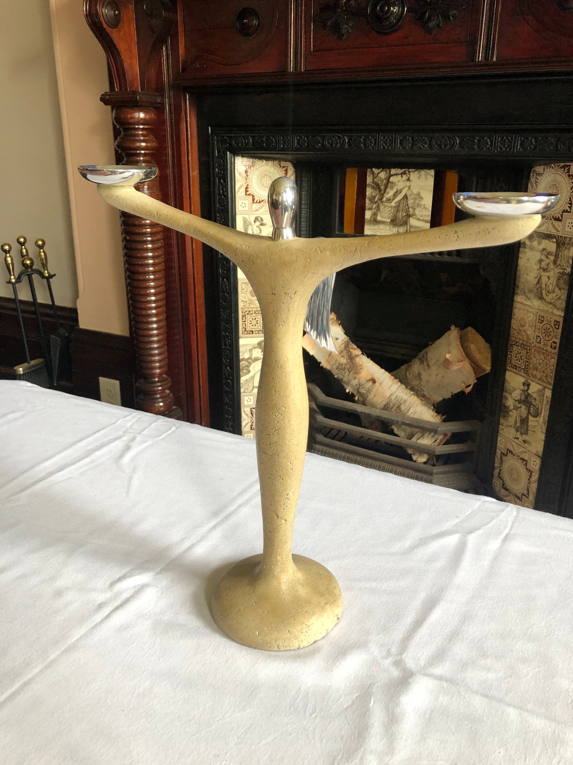 Vintage Stone and Sterling Silver Candelabra Angel with 2 Lights