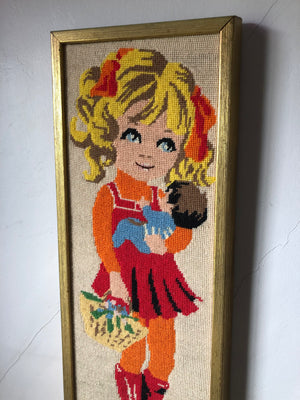 Vintage Blonde Girl Framed Needlepoint Art