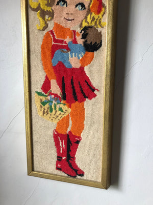 Vintage Blonde Girl Framed Needlepoint Art