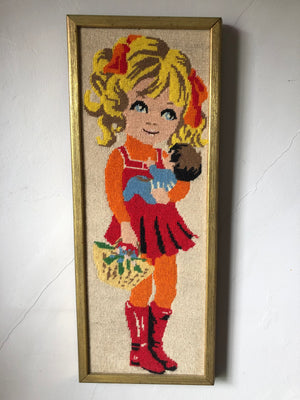 Vintage Blonde Girl Framed Needlepoint Art