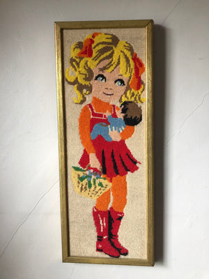 Vintage Blonde Girl Framed Needlepoint Art