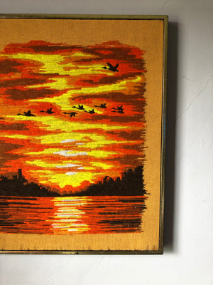 Vintage Sunset Framed Needlepoint Art
