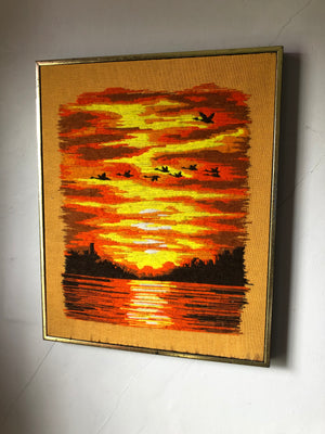 Vintage Sunset Framed Needlepoint Art