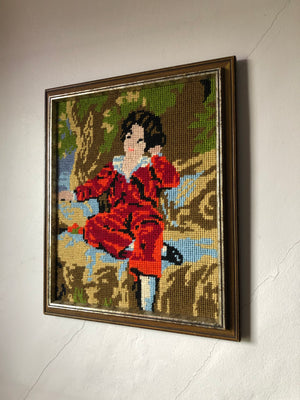 Vintage Small Boy Framed Needlepoint Art