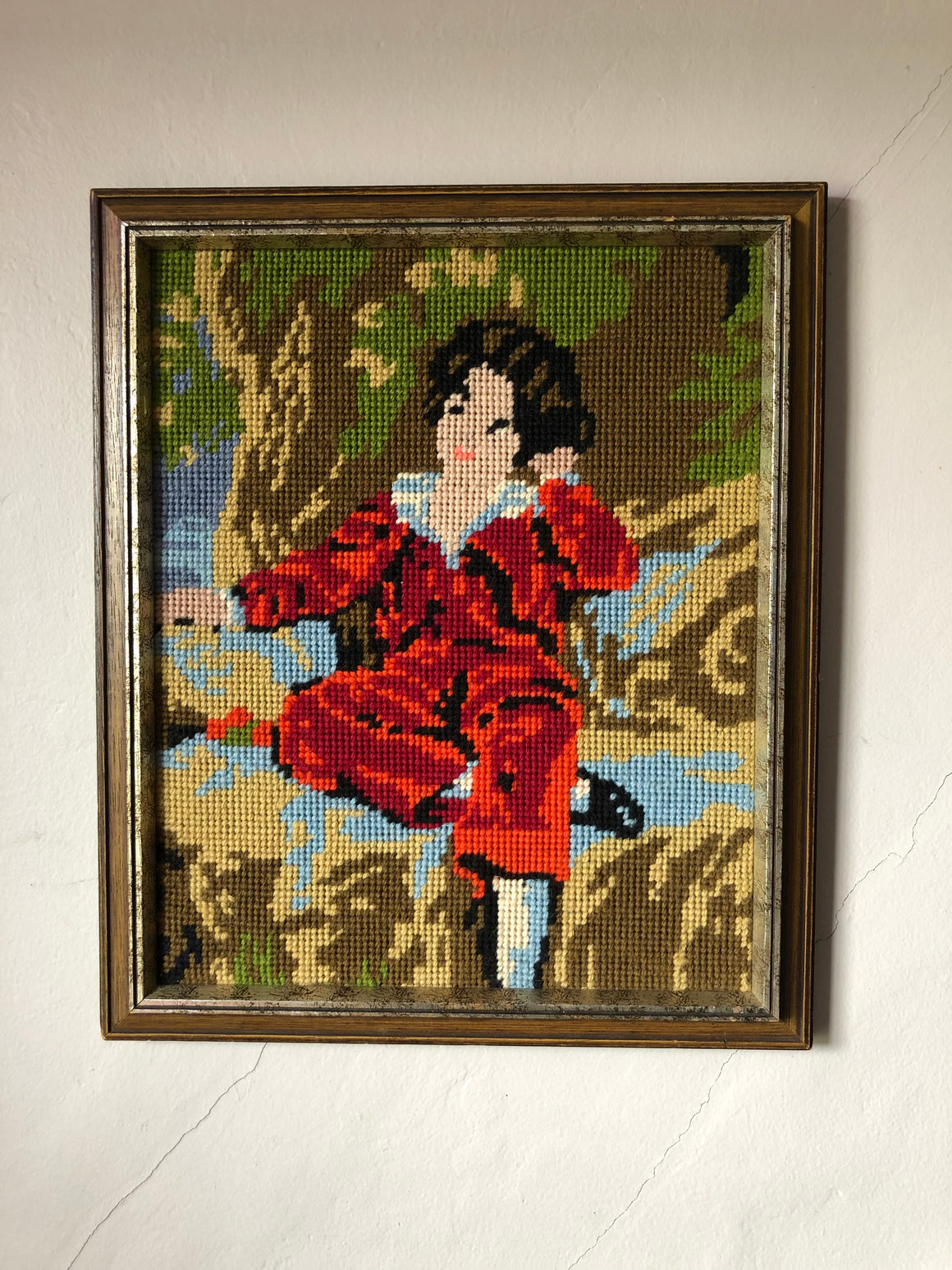 Vintage Small Boy Framed Needlepoint Art