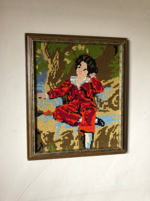 Vintage Small Boy Framed Needlepoint Art