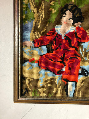 Vintage Small Boy Framed Needlepoint Art