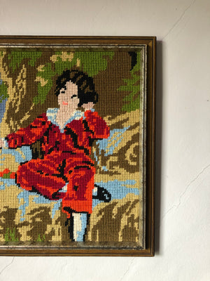 Vintage Small Boy Framed Needlepoint Art