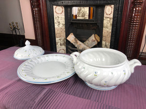 Vintage Large Italian Hand Painted White Floral Tureen and Underplate