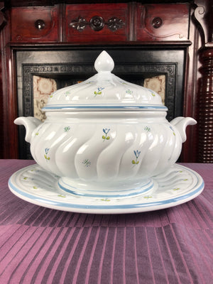 Vintage Large Italian Hand Painted White Floral Tureen and Underplate