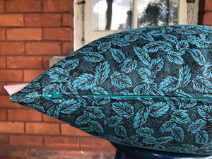 Ines - Embroidered Turquoise Leaves Pillow Cover - 20x20 - Maa-Kal Boutique Canada