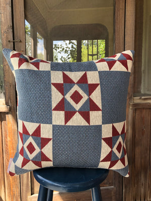 Georgina - Blue, Red and Beige Geometric Country Star Pillow Cover - 20x20 - Maa-Kal Boutique Canada