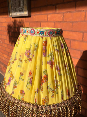Set of 2 Handmade Yellow Floral Fabric Pleated Bell-Shaped Lamp Shades