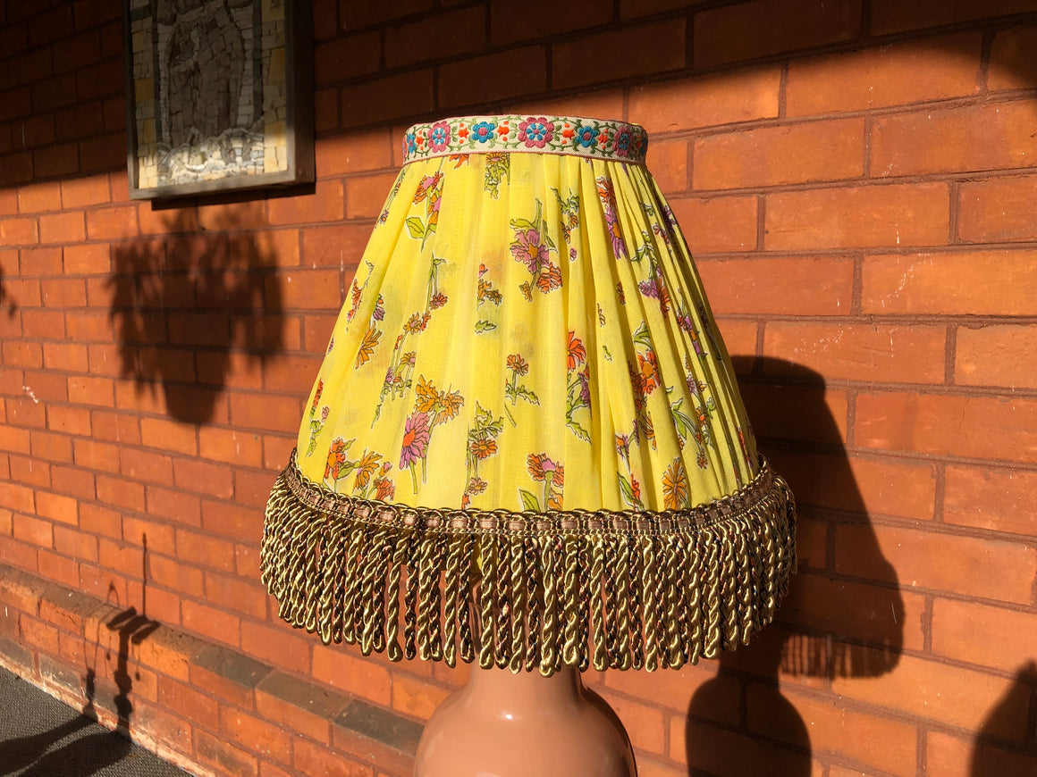 Set of 2 Handmade Yellow Floral Fabric Pleated Bell-Shaped Lamp Shades