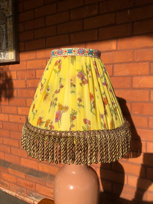 Set of 2 Handmade Yellow Floral Fabric Pleated Bell-Shaped Lamp Shades