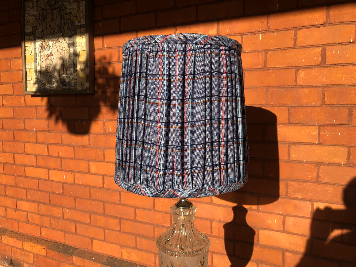 Blue Pleated Plaid Fabric Drum-Shaped Lampshade