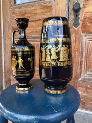 Pair of Black Greek Vases with 24K Accents - Black Pitcher/Vase with 24K Gold Accents