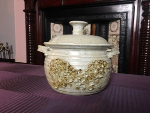 Vintage Handmade Large Carved Handled Stoneware Pottery Pot with Lid