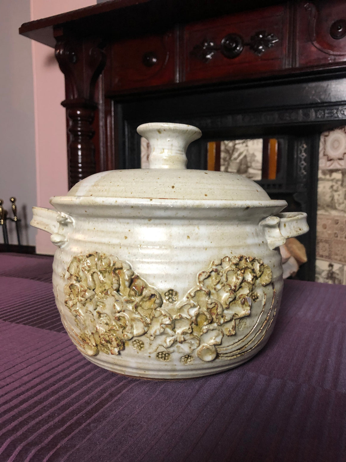 Vintage Handmade Large Carved Handled Stoneware Pottery Pot with Lid