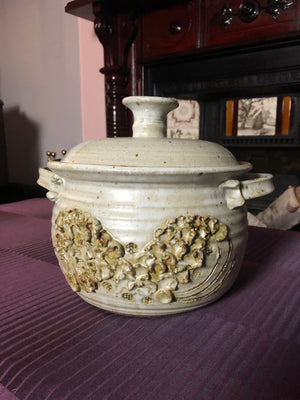 Vintage Handmade Large Carved Handled Stoneware Pottery Pot with Lid