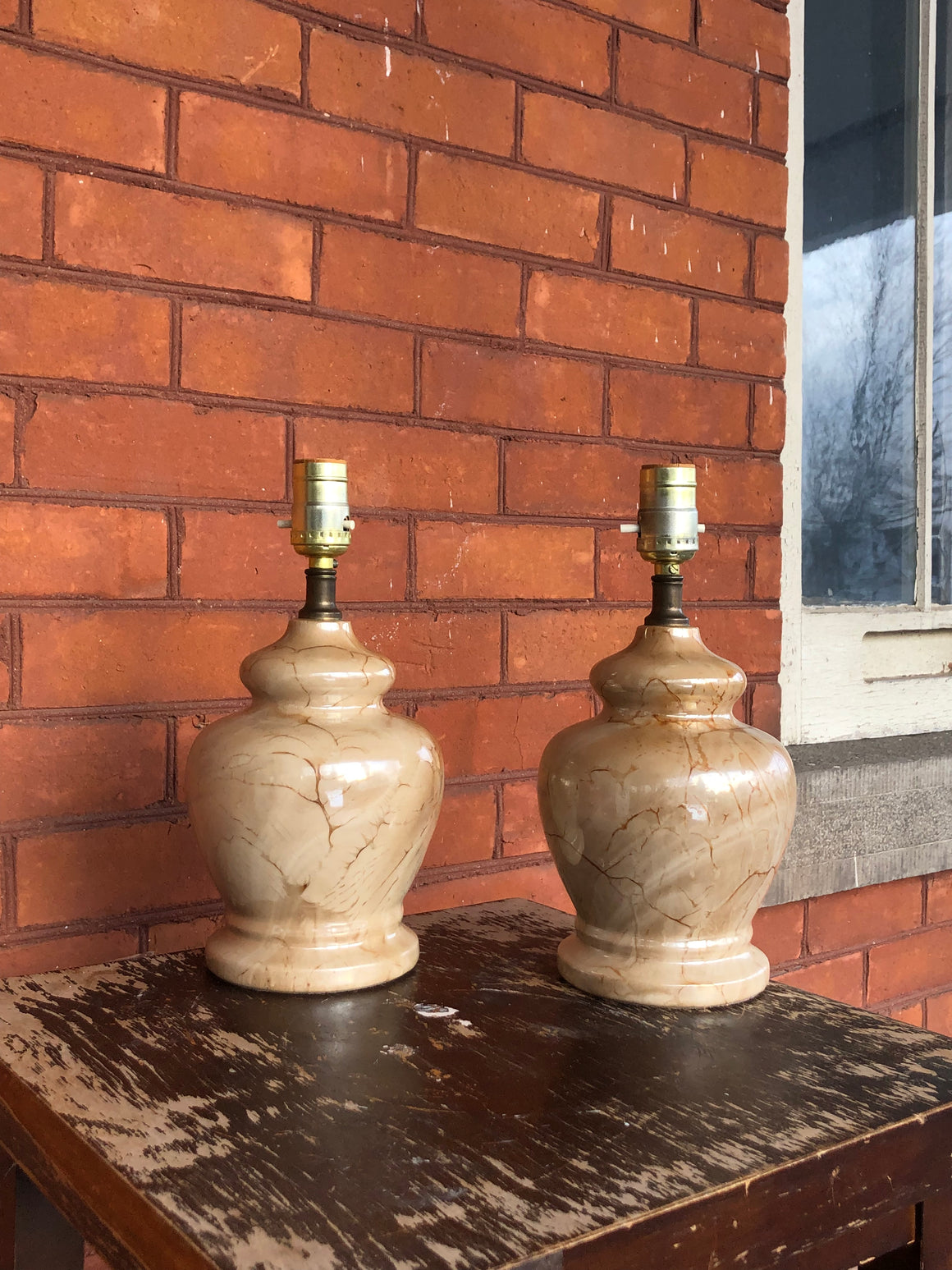 Vintage Matched Pair of Light Brown Ceramic Marble  Lamps