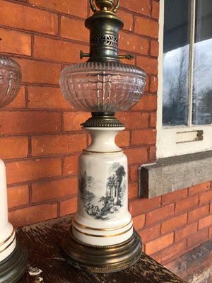Vintage Hand Painted Heavy Ceramic Glass & Metal Beige Gray and Gold Table Lamps
