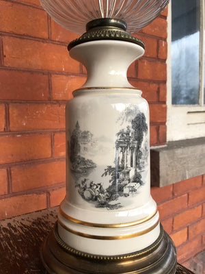 Vintage Hand Painted Heavy Ceramic Glass & Metal Beige Gray and Gold Table Lamps