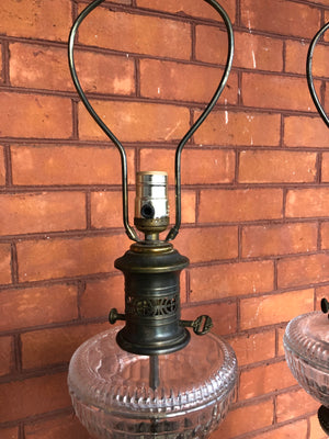 Vintage Hand Painted Heavy Ceramic Glass & Metal Beige Gray and Gold Table Lamps