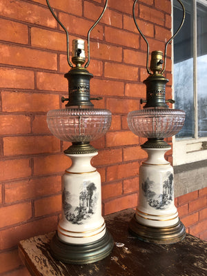 Vintage Hand Painted Heavy Ceramic Glass & Metal Beige Gray and Gold Table Lamps