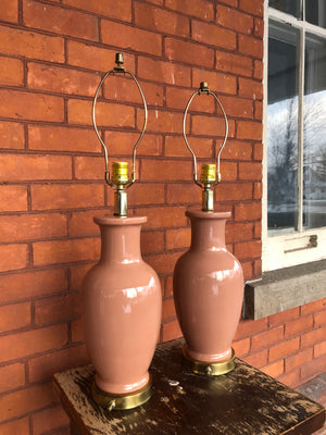 Vintage Matched Pair of Salmon Pink Ceramic Tall Table Lamps