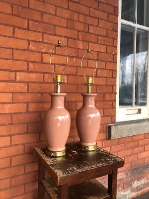 Vintage Matched Pair of Salmon Pink Ceramic Tall Table Lamps