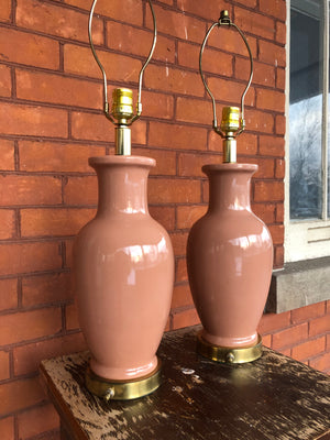 Vintage Matched Pair of Salmon Pink Ceramic Tall Table Lamps