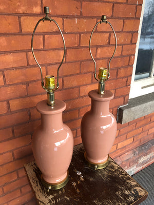 Vintage Matched Pair of Salmon Pink Ceramic Tall Table Lamps