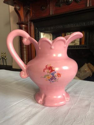 Vintage Pink Floral Ceramic Jug, Vase, Pitcher by Rita Vegeau 1972
