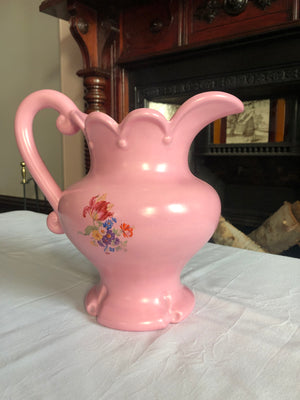 Vintage Pink Floral Ceramic Jug, Vase, Pitcher by Rita Vegeau 1972