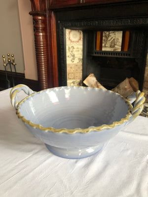 Vintage Italian Double Handled Sky Blue Bowl with Pedestal