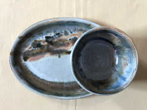 Blue Ceramic Plate with Attached Bowl