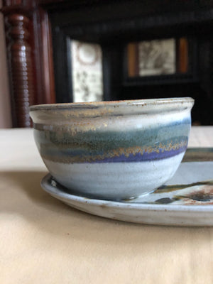 Blue Ceramic Plate with Attached Bowl