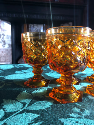 Set of 5 Vintage Amber Wine Glasses