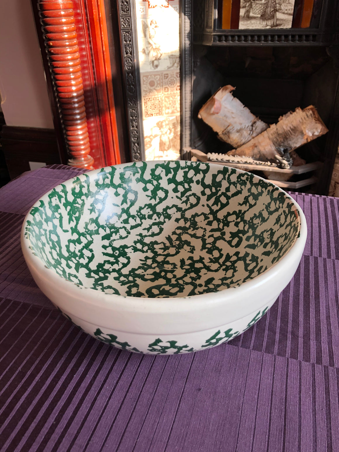 Large Green and Beige Ceramic Bowl