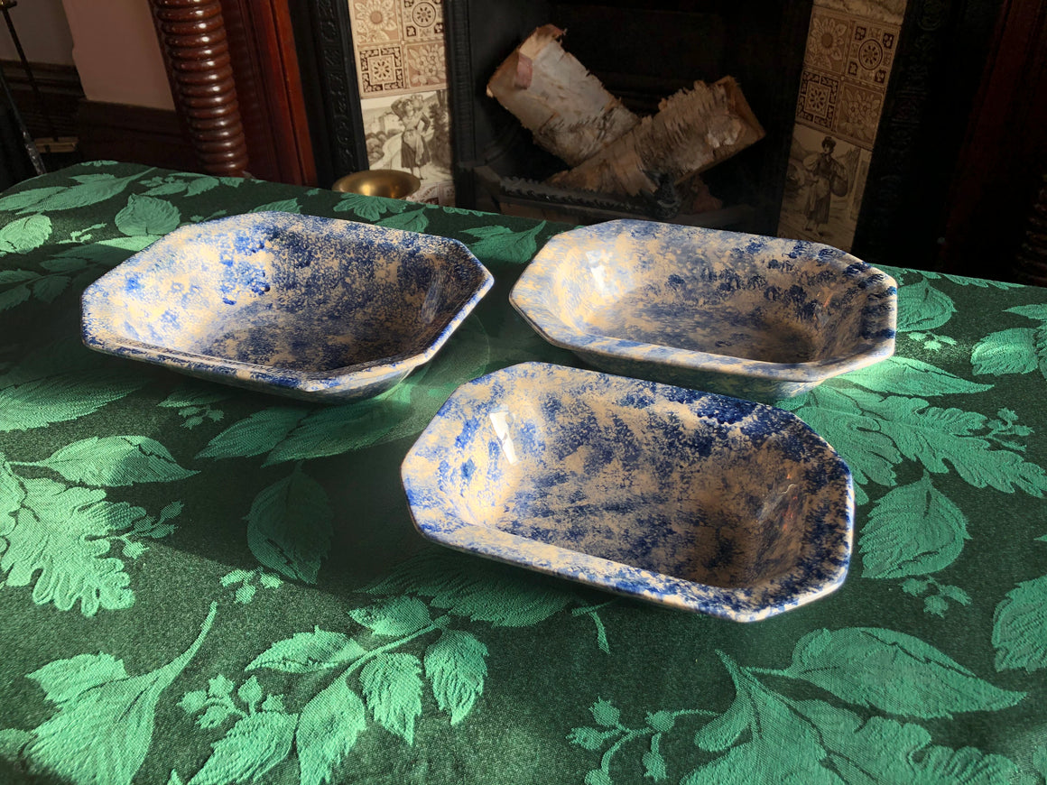 Set of 3 Serving Blue and Beige Sponge Hand Painted Plates