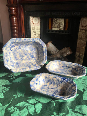 Set of 3 Serving Blue and Beige Sponge Hand Painted Plates