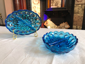 Vintage Amber Glass Blue Ring Dish