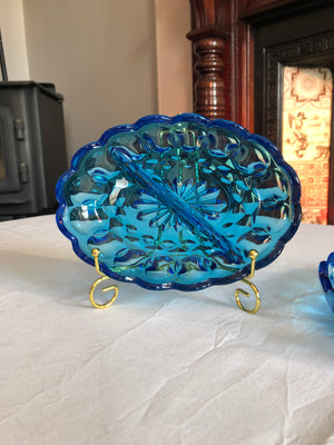 Vintage Amber Glass Blue Ring Dish
