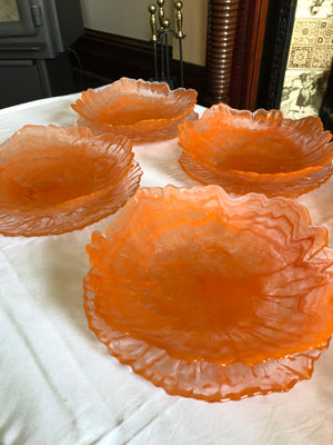 Set of 7 Art Deco Translucent Orange Cloud Swirl Art Glass Bowls and Plates