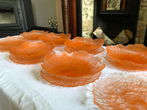 Set of 7 Art Deco Translucent Orange Cloud Swirl Art Glass Bowls and Plates