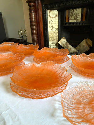 Set of 7 Art Deco Translucent Orange Cloud Swirl Art Glass Bowls and Plates