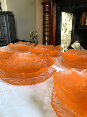 Set of 7 Art Deco Translucent Orange Cloud Swirl Art Glass Bowls and Plates