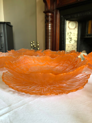 Set of 7 Art Deco Translucent Orange Cloud Swirl Art Glass Bowls and Plates